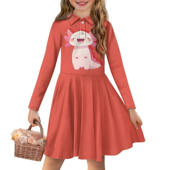 DISNIMO Axolotl Dress for Girls School Dresses for Girls 7-8 Years Old Kids Midi Dress Girls Long Sleeve Beach Dress Kids Clothes Dresses for Children Skater Dress Girl Midi Dress Fall Swing Dress