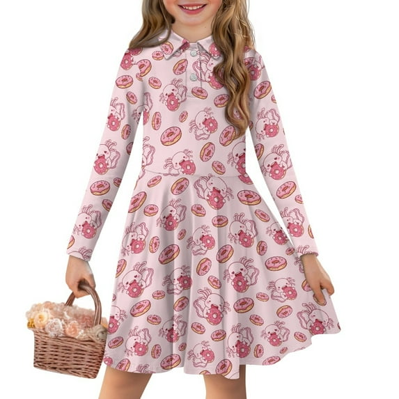 DISNIMO Axolotl Dress Girls Size 3-4 Long Sleeve Doughnut Dresses Girl Button Down Dress with Collar for Girls School Dresses Girls Skater Dress Childrens Sundress Girl Clothes Dress Animal Dress