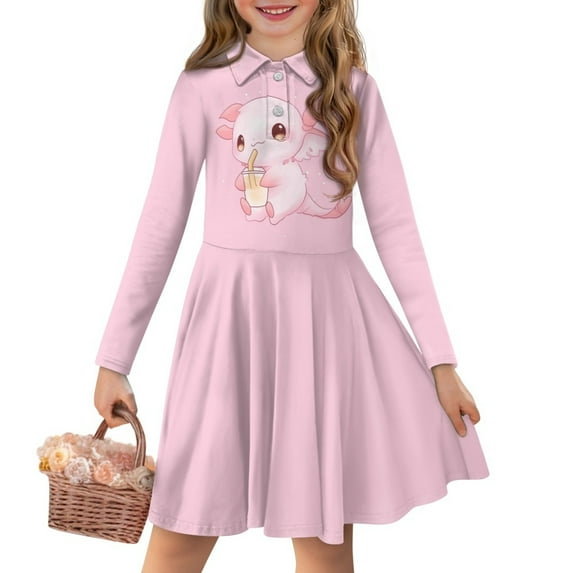 DISNIMO Axolotl Dress Kids Pink Dresses for Children Clothes Girls Dresses Long Sleeve Collared Dress Kids Casual Midi Dress Girls Fall Swing Dress Girls Twirl Dress Animal Dress Girls Outfit 4/5