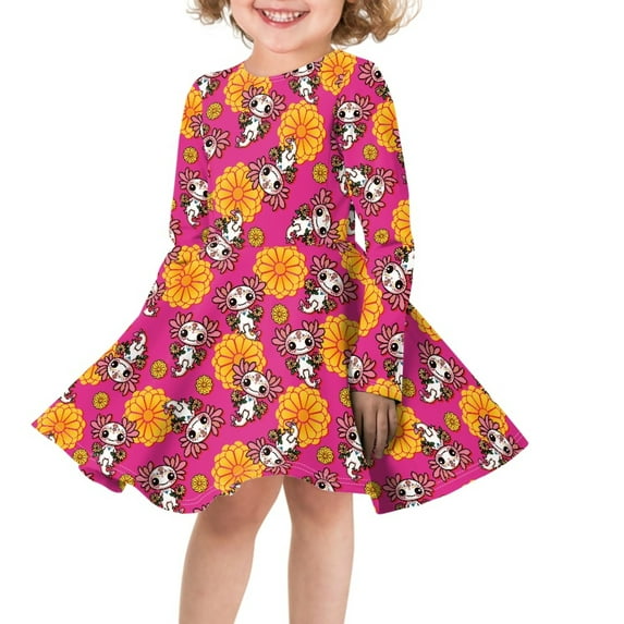 DISNIMO Axolotl Flower Dress for Girls 3-4 Long Sleeve Dresses Kids Floral Dress Girls Casual Midi Dress for Kids Soft Dresses Girls Skater Dress Long Sleeve Girls Swing Dress Children Girls Cute