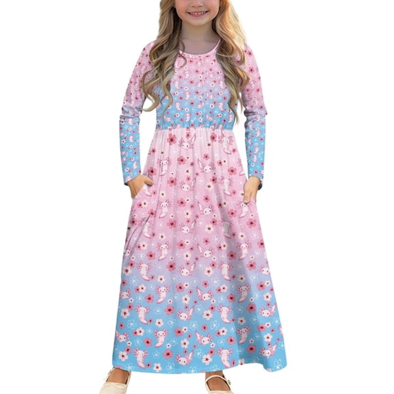 DISNIMO Axolotl Flower Kids Dresses 11-12T Years Old Long Sleeve Girls Dress with Long Sleeves and Pockets for Kids Frocks Girls Party Wear girls Long Sleeve Mini Dress Casual