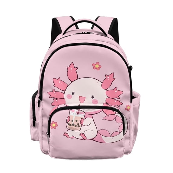 DISNIMO Axolotl Flower Printed School Backpack for Kids Girls Backpack for Elementary Middle Students 17 Inch Large Bookbag with Front Pocket, Back to School Supplies