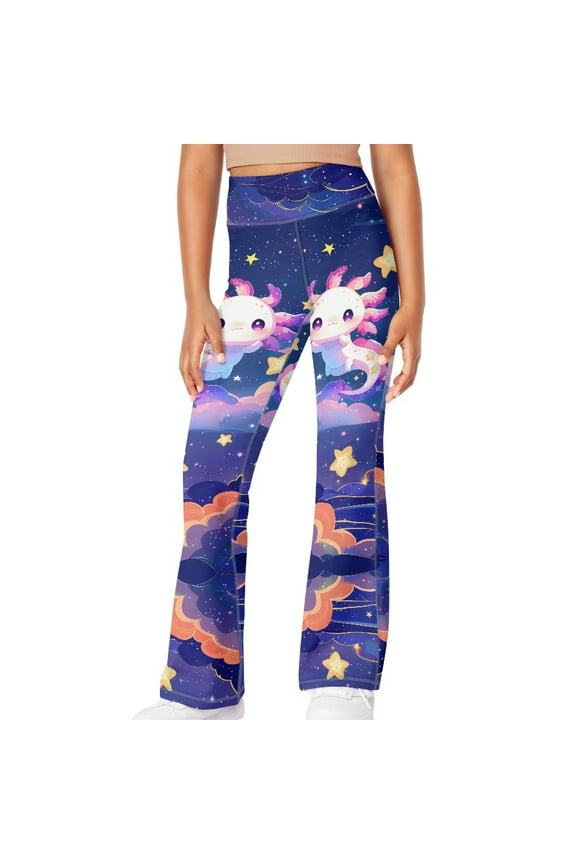 Axolotl Galaxy Girls Flare Leggings Kids Bell Bottom Pants Cross High Waisted Dance Yoga Flared Leggings Kids 13-14 Year Olds Bell Bottoms Leggings for Kids Soft Leggings Flare