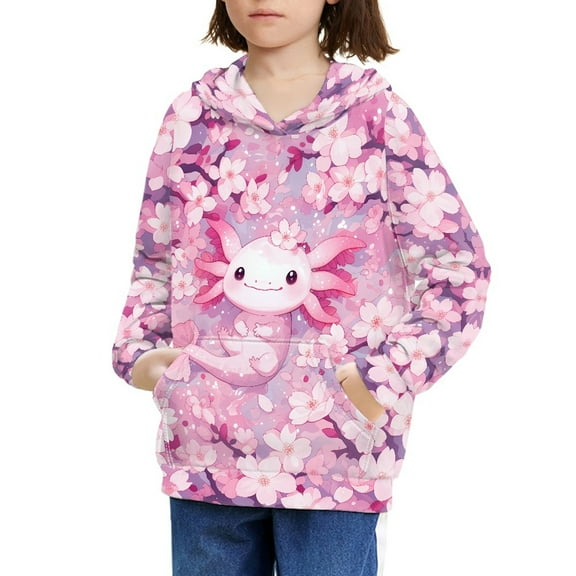 DISNIMO Axolotl Hoodies for Girls Kids Cherry Blossom Hoodies with Designs Matching Hoodies Boy and Girl Hooded Sweatshirt Boys 8-10 Pullover Hoodie Sweatshirts Children Fall Wear