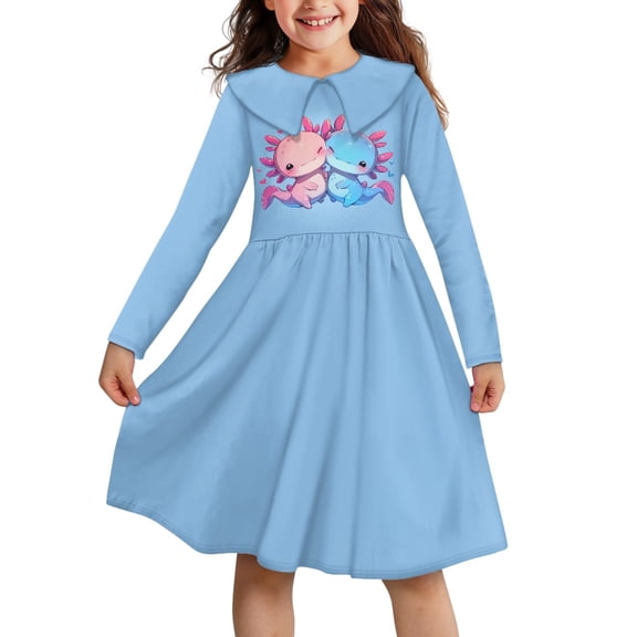 DISNIMO Axolotl Long Sleeve Dress Kids Girls for Church 13-14 Years Old Girls Blue Dress Fall Girls Dresses Midi Length Girls Fall Dress with Collar for Girls Elegant Dresses Kids Polyester Dress