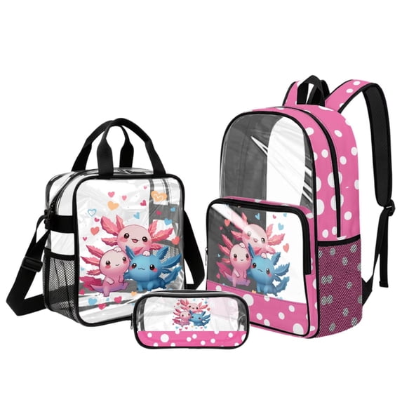 DISNIMO Axolotl Printed Clear Backpack for Girls, 3 Pcs Clear Backpack with Lunch Bag & Pencil Pouch, Large 17 Heavy Duty Bookbag for School