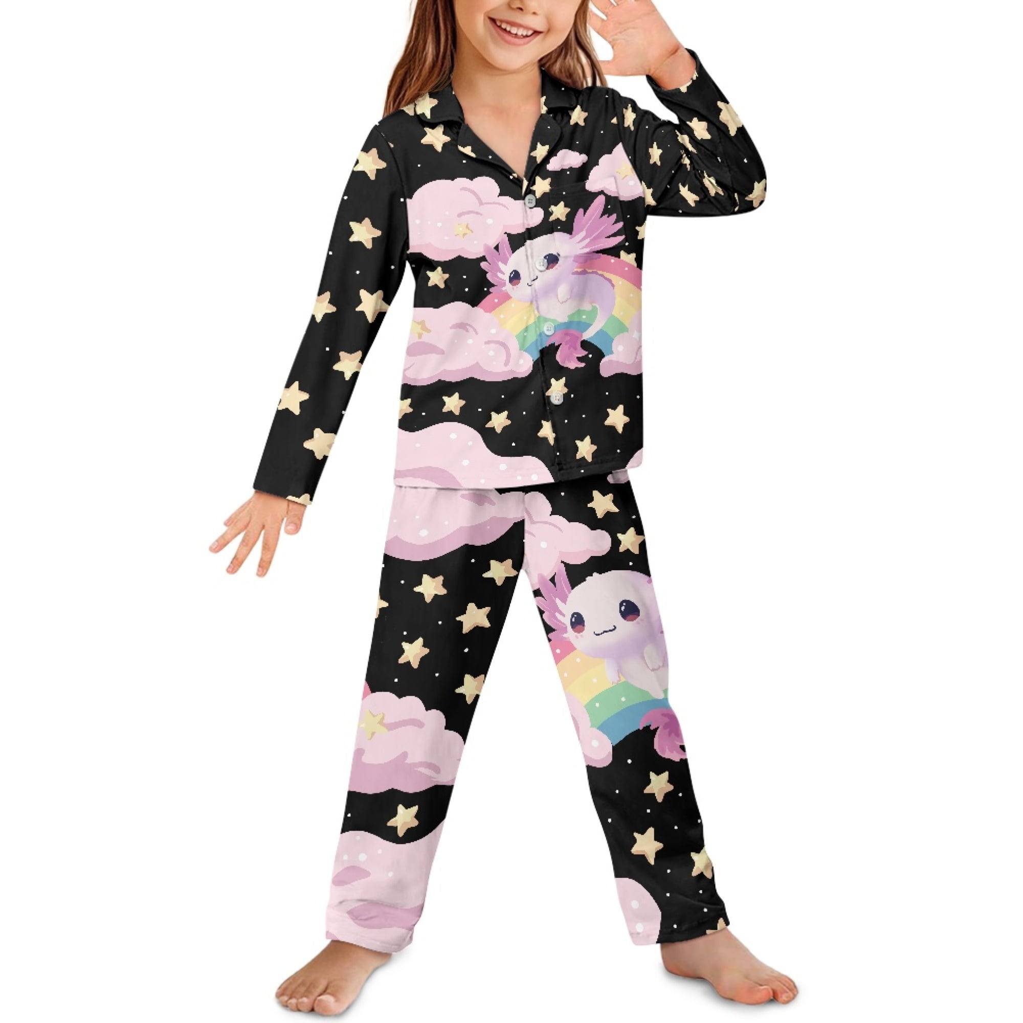 DISNIMO Axolotl Rainbow Star Pajamas Kids Button Up Pajama Set Girl Pajamas Kids Pjs Girls Size 7 8 Long Sleeve Pj Set for Girls Button Down Sleepwear