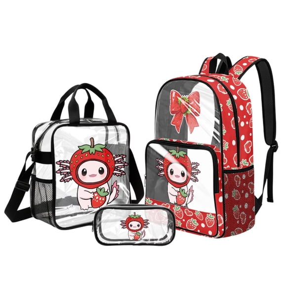 DISNIMO Axolotl Strawberry Print See Through Backpack Set 3Pcs for School, Stadium Approved Clear Bookbag 17" with Lunch Bag & Pencil Case, Fast Security Check