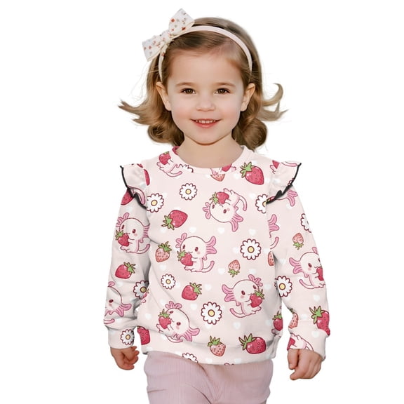 DISNIMO Axolotl Strawberry Printed Pullover for Girls Long Sleeve Sweatshirt Floral Crewneck Pullover Tops Lightweight T-Shirts for Toddler Girls 1-2 Years
