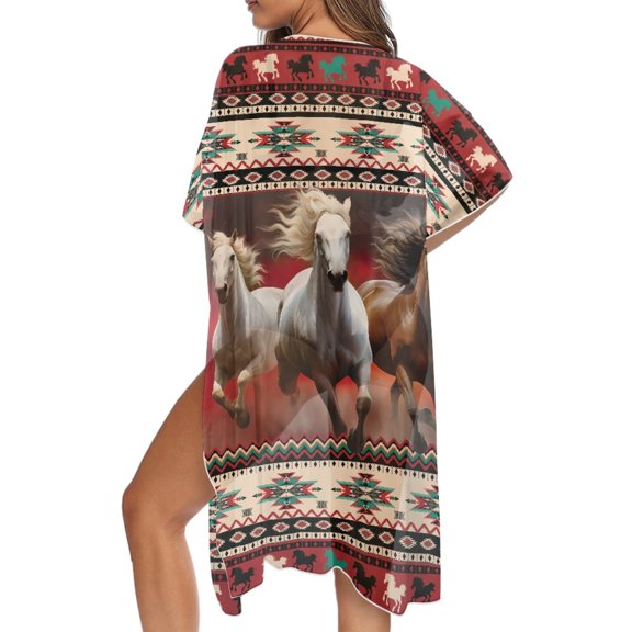 DISNIMO Aztec Horse Print Womens Kimono Cardigan Swimsuit Coverups Summer Casual Fashion Beach Cover Up Open Front Long Swimwear Cover up