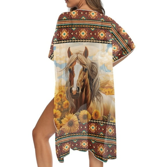 DISNIMO Aztec Horse Sunflower Print Women's Beach Cover up Swimsuit Kimono Cardigan Bathing Suit Coverups Summer Casual Loose Bikini Cover Up