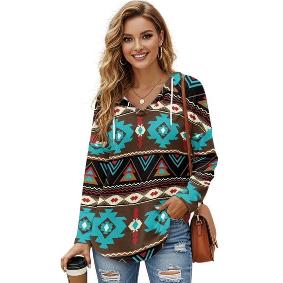 DISNIMO Aztec Style Print Sweatshirts for Women Long Sleeve Pullover Tops V Neck Hoodies Waffle Tunics Top, L