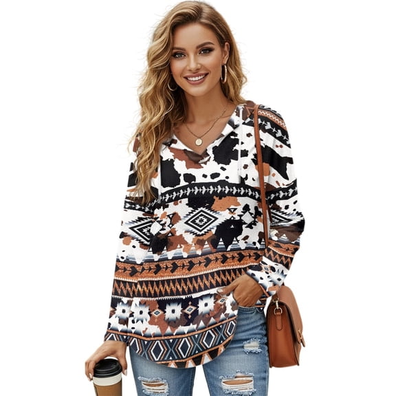 DISNIMO Aztec Style Printed Hoodies for Women Long Sleeve Sweatshirts Waffle Pullover Tops Trendy Shirt for Daily Wear, S