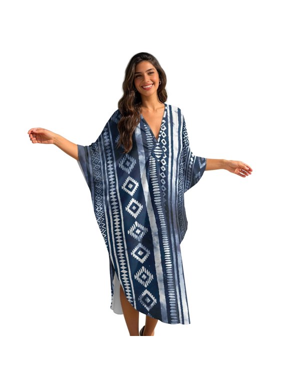 Aztec Tribal Print Women's Kaftan Maxi Dress Plue Size V-neck Beach Cover Ups Batwing Sleeve Caftan Dresses Lightweight Swimsuit Coverups