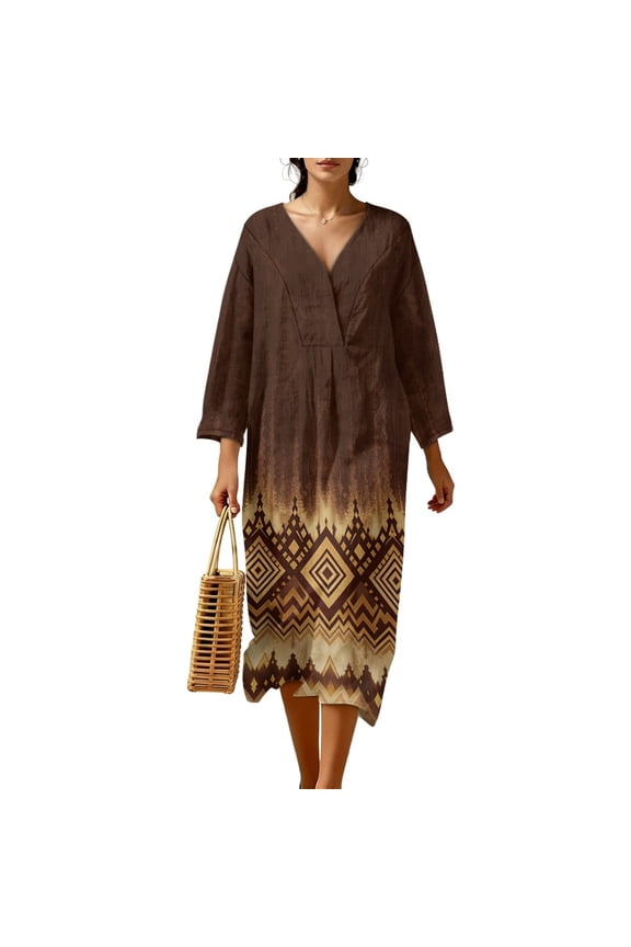 Aztec Tribal Printed Dress for Women V Neck Dress Casual Loose Maxi Dresses Lightweight 3/4 Sleeve Shift Dresses Fashion Spring Clothes, L