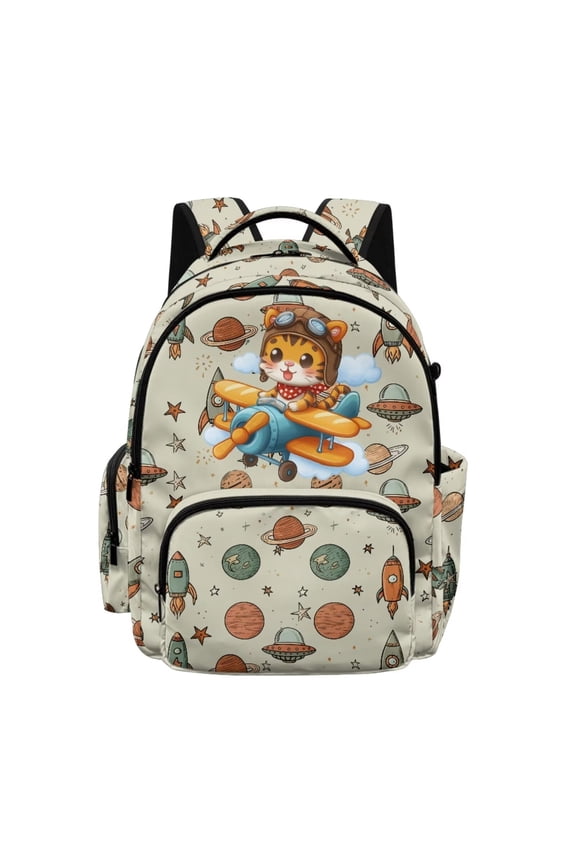 Backpack for Girls Cartoon Tiger Planet Print 17 Inch School Bags for Kindergarten Elementary Students Lightweight Bookbag with 1 Main Compartment and Front Pocket, Back to School Supplies
