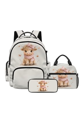 Backpack for Girls, Highland Cattle Butterfly Printed Lightweight Bookbag with Lunch Box Set, Large 17 Inch Kids School Bag 3pcs Set with Pencil Case, Kids Teens Back to School Gifts