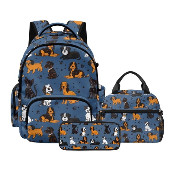 DISNIMO Backpack with Lunch Box, Set of 3, Cartoon Dachshund Paw Printed 17 Inch School Backpack with Pencil Case, Elementary Middle SchoolBag Bookbag, Back to School Gifts