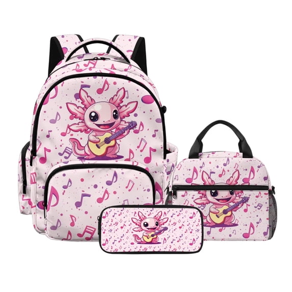 DISNIMO Backpack and Lunch Box Set for Girls 10-12, Axolotl Music Note Print 17 Inch Schoolbag with Pencil Case for Primary Middle School Students, Large Capacity Lightweight Daypack for Travel