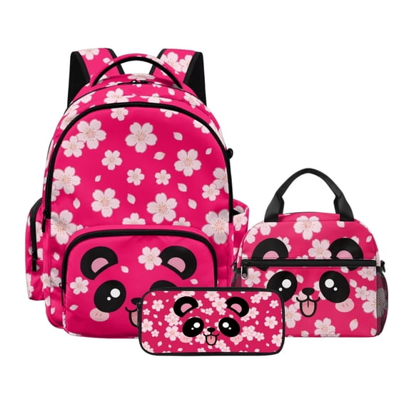 DISNIMO Backpack and Lunch Box Set for Girls 10-12, Panda Cherry Blossom Print 17 Inch Schoolbag with Pencil Case for Primary Middle School Students, Large Capacity Lightweight Daypack for Travel