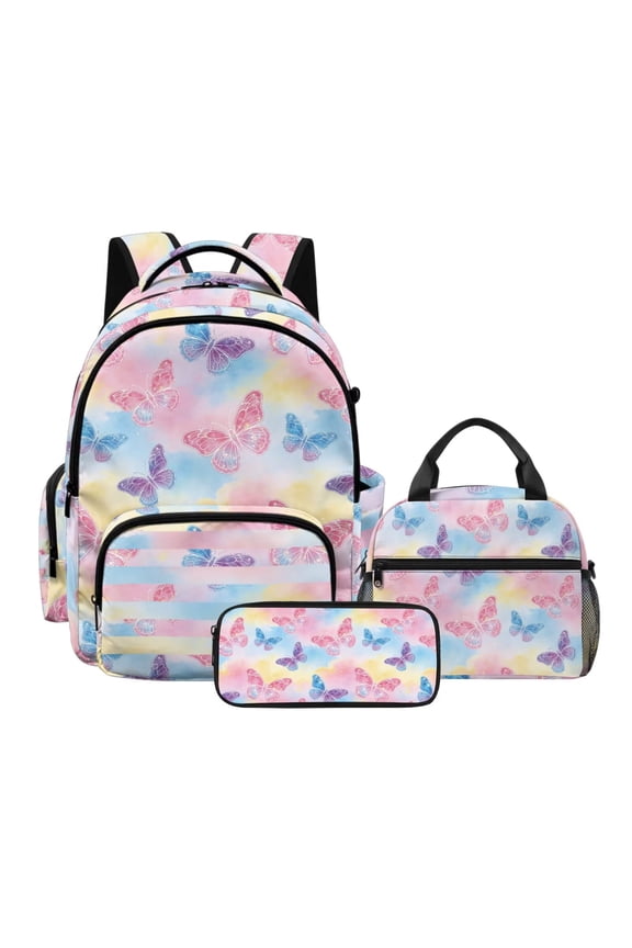 Backpack for School, Butterfly Printed 3 in 1 Backpack Set with Lunch Box and Pencil Pouch for Primary Middle, Lightweight Schoolbag with Padded Strap for Teens Girls