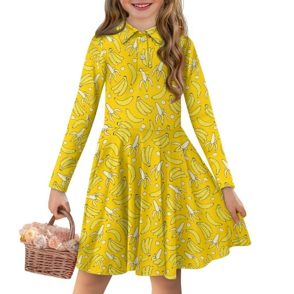 DISNIMO Banana Dresses for Girls 3-4 Dress Long Sleeve for Kids Midi Dress for Children Skater Dress with Collar for Girls Swing Dresses Girl Sundress Kids Yellow Dress