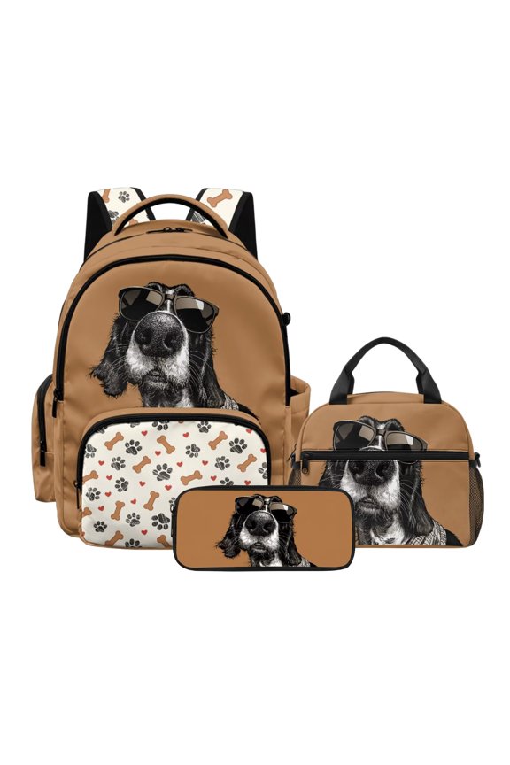 Basset Hound Paw Printed Boys Backpack with Lunch Box Set, 3 In 1 School Bag Set with Pencil Box, Large 17 Inch School Backpack Set for Kindergarten Elementary Students-