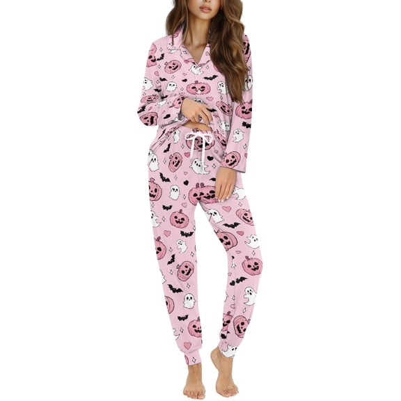 DISNIMO Bat Ghost Pumpkin Printed Womens Pajama Sets 2 Piece Pj Sets Long Sleeve Sleepwear Soft V Neck Loungewear with Long Pants Halloween Button Down Lounge Sets