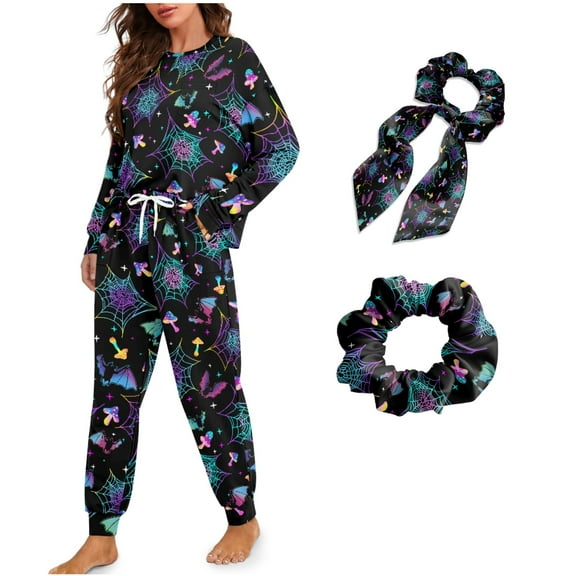 DISNIMO Bat Mushroom Print Women Pajama Sets Spider Web Printed 4 Piece Lounge Sets with Elastic Hairband Crew Neck Sleepwear with Pockets Casual Loose Nightwear with Long Pants, S