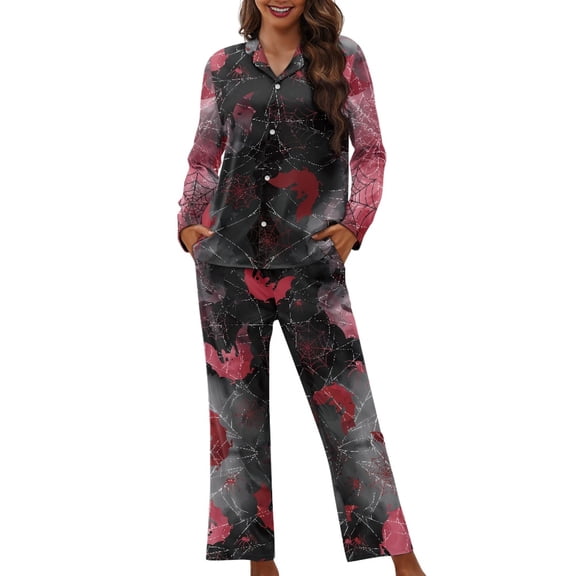 DISNIMO Bat Spider Web Printed Women 2 Piece Pajama Sets Spider Web Print Long Sleeve Comfy Lounge Set V Neck Nightwear with Long Pants Button Down Loungewear with Pockets, XS