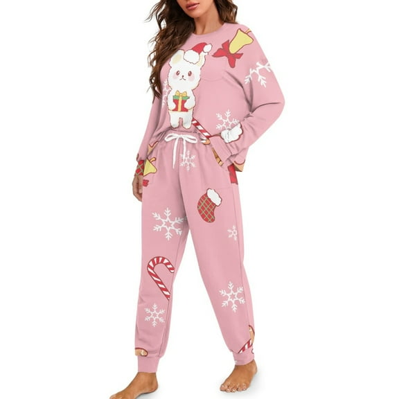 DISNIMO Bear Snowflake Print Women Pajamas Set Classic 2 Piece Lounge Set Long Sleeve Sleepwear with Long Pants Casual Comfy Loungewear Round Neck Nightwear, Available in Plus Size, S