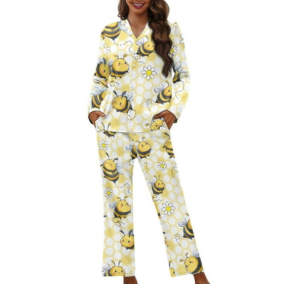 DISNIMO Bee Daisy Printed Women's 2 Piece Lounge Sets Casual Loose Sleepwear Long Sleeve Button Down Nightwear with Long Pajama Pants Casual V Neck Loungewear, XS