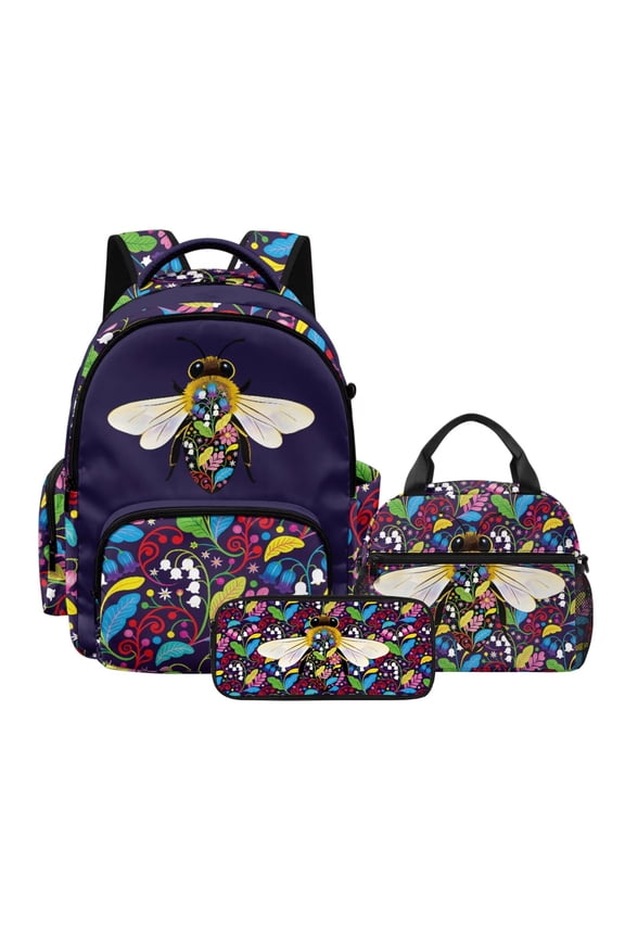 Bee Floral Print 3Pcs Backpack Set for Kids, 17 Inch Lightweight School Backpack and Lunch Box Set for Kindergarten Elementary Students, Large Bookbag Set with Pencil Case