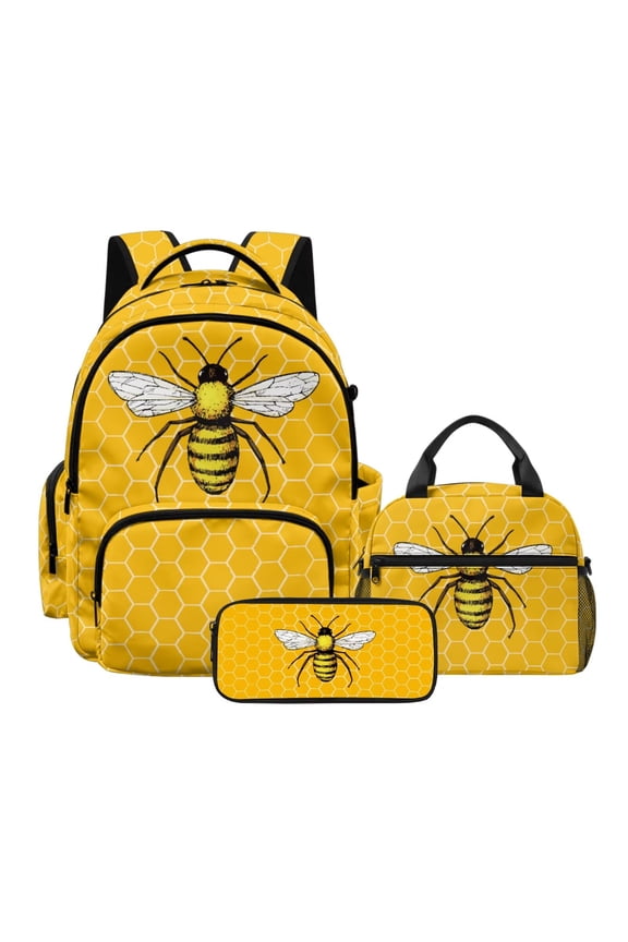 Bee Printed Girls Backpack, Set of 3, Lightweight School Backpack with Lunch Bag & Pencil Case Set, 17 Inch School Bag Set Middle Elementary Preschool Kindergarten Supplies
