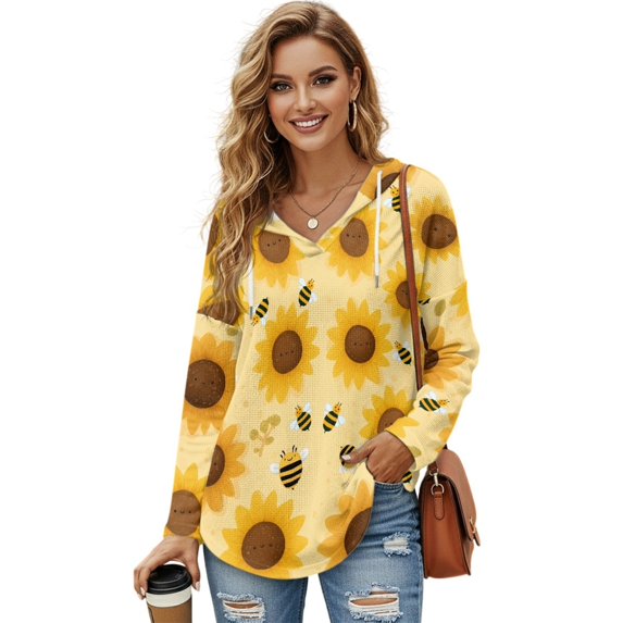 DISNIMO Bee Sunflower Printed Sweatshirts for Women Waffle Hoodies Long Sleeve Pullover Tops Trendy Sweatshirts for Daily Wear, 2XL