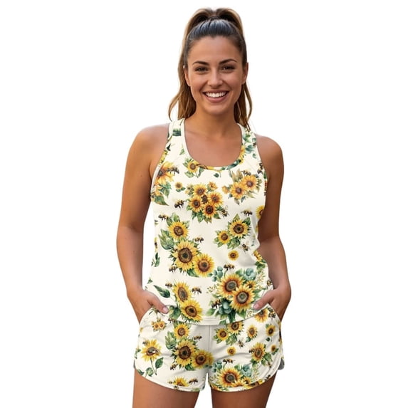 DISNIMO Bee Sunflower Printed Women Two Piece Tankini Swimsuit Two Piece Bathing Suits Athletic Swim Tank Top with Boyshorts, M