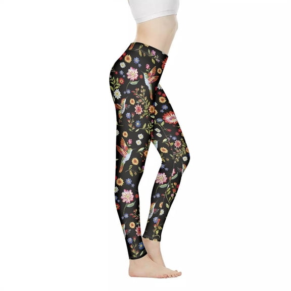 DISNIMO Bird Floral Printed Yoga Leggings for Women High Waist Workout Leggings Tummy Control, Breathable Yoga Pants Leggings for Workout Sport, Black, XS
