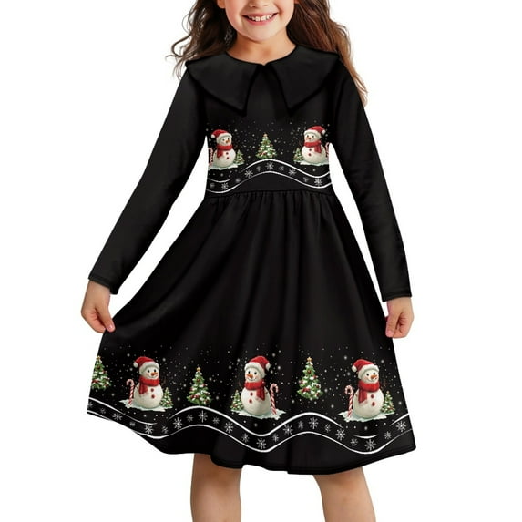 DISNIMO Black Christmas Snowman Christmas Tree Dress for Girls Dress with Collar for Girls Long Sleeve Dress Kids 7-8 Girls Dresses for Children Girl Dresses with Collar Dress Girls Midi Dress Kid