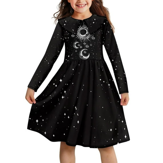 DISNIMO Black Galaxy Dress Girls Moon and Sun Dress for Girls Long Sleeve Dresses with Collars for Girls Midi Long Sleeve Dress for Kids 9-10Yrs Children Dress for Church Dresses for Girls