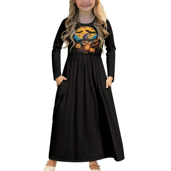 DISNIMO Black Halloween Dress With Long Sleeves and Pockets for Kids Long Sleeve Dresses for Girls Soft Dresses Size 13-14 Girls Frock Long Sleeve Swing Dress for Kids Midi Dress Fall