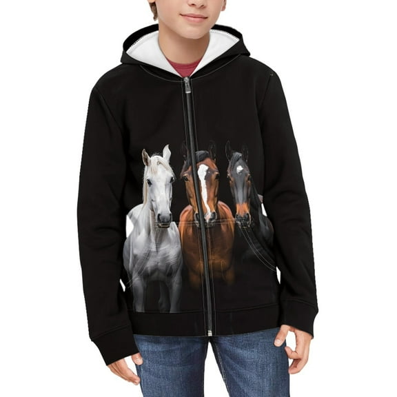 DISNIMO Black Horse Hoodie Boys Zipper Hoodies Size 6-7 Sweatshirts with Hoodies Sweatshirt Boys Zip Up Hoodie Boy Streetwear Hoodie with Pockets Kids Animal Hoodies for Little Boys Fall Clothes