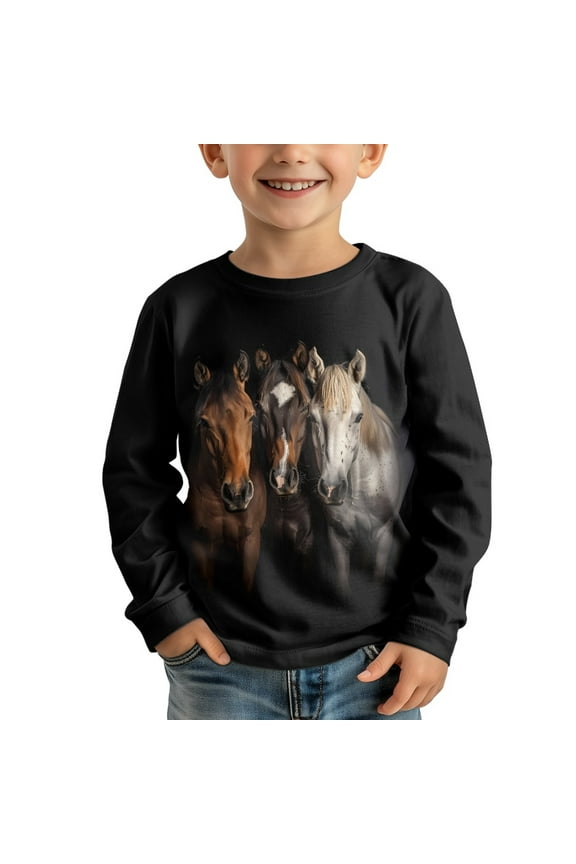 Black Horse Shirts for Boys Long Sleeve T Shirts for Kids Boys T Shirts Boys 5-6 Years Old Shirt for Girls Crew Neck Tshirt for Kids Boys Fall Clothes Girls Soft Basic Tops Cute