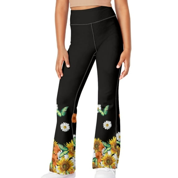 DISNIMO Black Sunflower Butterfly Girls Flare Leggings Size 10 Bell Bottoms Girls Bootcut Yoga Pants Full Length Pants for Kids Workout Bell Bottoms Leggings Dance Athletic Pants