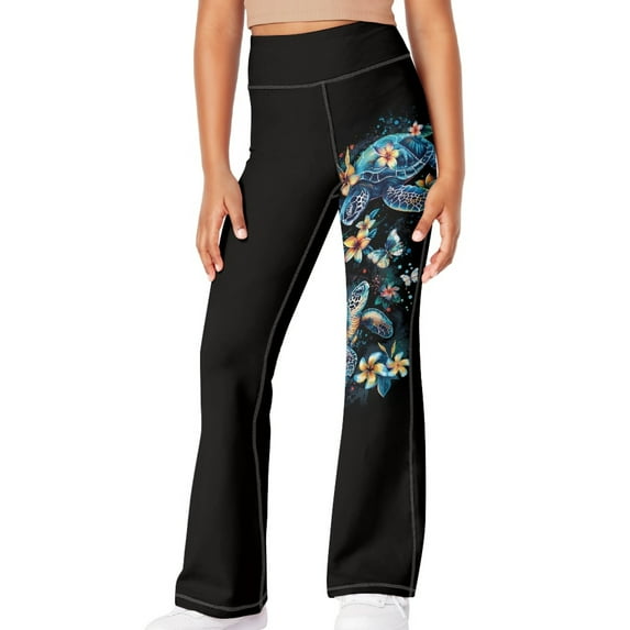 DISNIMO Black Watercolor Flower Flare Leggings for Kids and Girls Bell Bottoms Size 7-8 Girls Leggings Flare Kids Bell Bottom Pants for Kids High Waisted Yoga Pants Flared Leggings