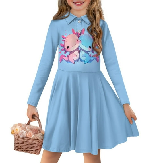 DISNIMO Blue Axolotl Dress Kids Collar Dress Girls Size 3-4 Dresses for Girls Long Sleeve Skater Dress Girls Swing Midi Dress Girls Church Dresses Fall Twirl Dress Girls Skater Dress Soft
