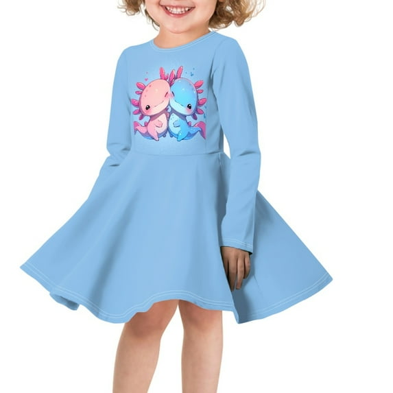 DISNIMO Blue Axolotl Dress Long Sleeve Axolotl Dress for Girls 9-10 Dresses for Children Skater Dress Girl Fall Long Sleeve Dress for Girls Holiday Dress Kids Beach Dresses for Girls Dresses Midi