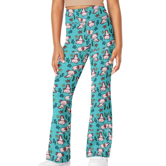 DISNIMO Blue Axolotl Flare Leggings for Girls Flare Leggings Size 5-6 Long Bell Bottoms for Girls Flare Leggings Kids Bell Bottom Yoga Pants Kids High Waisted Leggings Flare Pockets