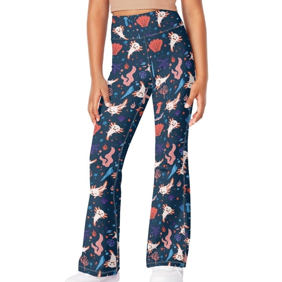 DISNIMO Blue Axolotl Girls Bell Bottom Stretchy Knit Pants Fall Flare Ribbed Bootcut Leggings 7-8 Years Kids Yoga Pants for Girls Flare Leggings with 2 Pockets