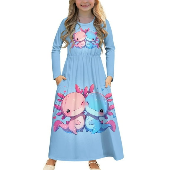 DISNIMO Blue Axolotl Girls Dresses Long Sleeve Girls Dresses Size 13/14 Dresses For Kids 2024 Casual Fall Frock for Kids Swing Dress Long Sleeve Midi Sun Dress with Side Pockets