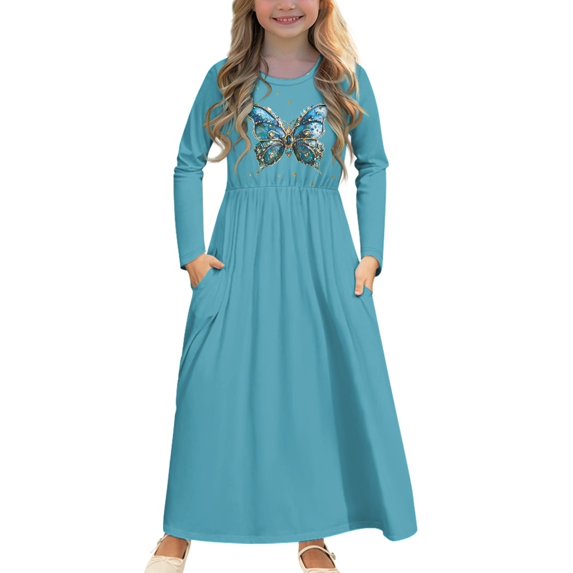 DISNIMO Blue Butterfly Girls Long Sleeve Dresses Size 11-12 Dress for Kids Long Sleeve Dress with Pockets for Kids Fall Dresses for Girls for Kids Long Dresses Crew Neck Casual for Kids